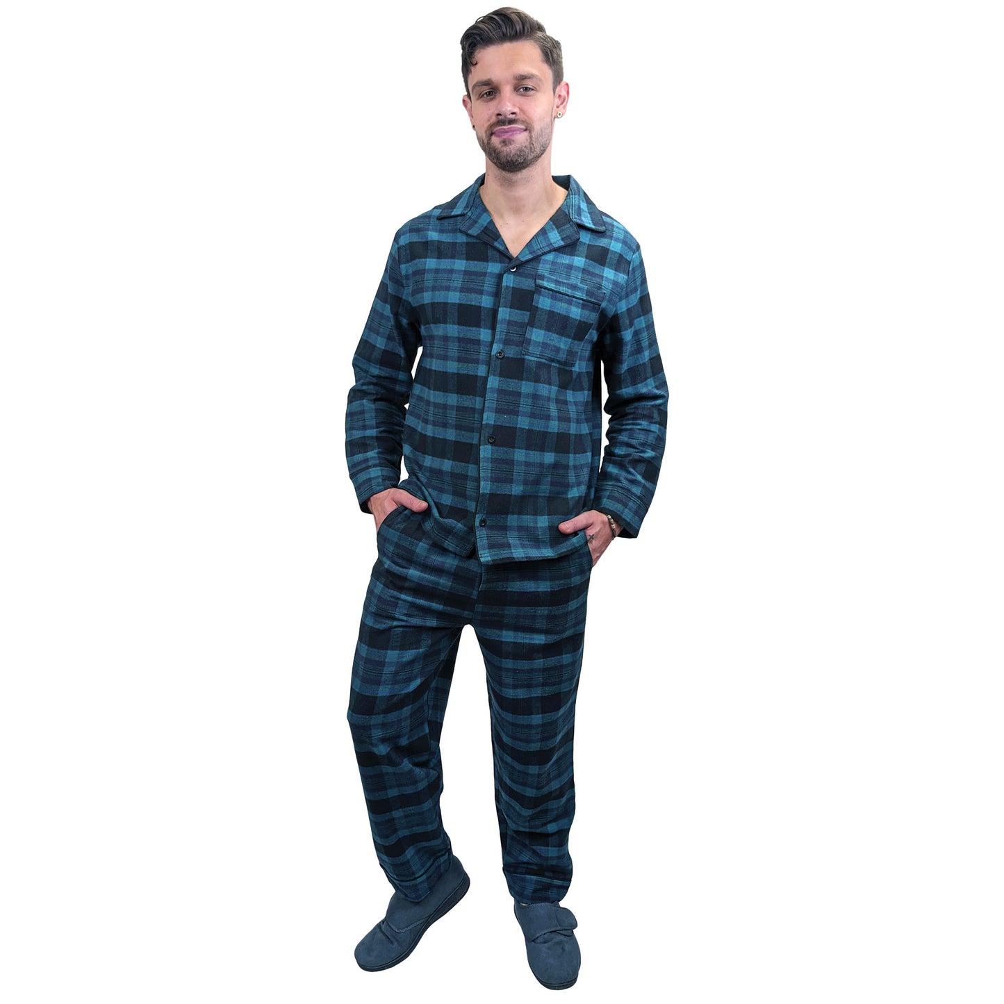 Esquire Mens Cotton Flannel Pajamas Winter Warm PJs Black Blue Sleepwear & Loungewear ASASonline